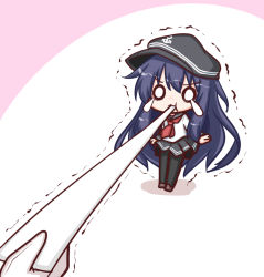 Rule 34 | 1girl, akatsuki (kancolle), anchor symbol, black headwear, black pantyhose, black sailor collar, black skirt, blue hair, brown footwear, chibi, colored shadow, commentary request, flat cap, gloves, hair between eyes, hat, kantai collection, komakoma (magicaltale), long hair, long sleeves, mouth hold, neckerchief, o o, pantyhose, pink background, pleated skirt, red neckerchief, sailor collar, school uniform, serafuku, shadow, shirt, skirt, solo focus, standing, teardrop, trembling, two-tone background, v-shaped eyebrows, very long hair, white background, white gloves, white shirt