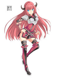 Rule 34 | 1girl, armor, belt, blue eyes, boots, borrowed character, erica (acerailgun), eudetenis, full body, hand on own hip, highres, horns, long hair, looking at viewer, original, pauldrons, red hair, shoulder armor, side slit, simple background, solo, thigh boots, thighhighs, vambraces, very long hair, white background