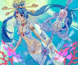 Rule 34 | 1girl, anklet, armlet, armor, bad id, bad pixiv id, blue hair, boots, breasts, center opening, choker, earrings, fins, forehead jewel, gem, hagoromo, hair ornament, hair rings, hairpin, hallo-byby, jewelry, long hair, lots of jewelry, magi the labyrinth of magic, navel, parted bangs, red eyes, ren kougyoku, shawl, solo, staff, thigh boots, thighhighs, underwater