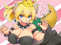 Rule 34 | 1girl, armlet, bare shoulders, blonde hair, blue eyes, bowsette, bracelet, breasts, cleavage, collar, crown, earrings, eyebrows, harurukan, horns, jewelry, large breasts, laughing, long hair, looking at viewer, mario (series), new super mario bros. u deluxe, nintendo, open mouth, paw pose, pointy ears, ponytail, sharp teeth, smile, solo, spiked armlet, spiked bracelet, spiked collar, spiked shell, spiked tail, spikes, super crown, tail, teeth, thick eyebrows, turtle shell