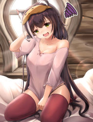 Rule 34 | 1girl, animal ear fluff, animal ears, asymmetrical sleeves, bare shoulders, bed sheet, black hair, black panties, blush, breasts, brown shirt, cat ears, cat girl, cat tail, collarbone, commentary request, day, fang, green eyes, hair between eyes, hand up, head tilt, highres, indoors, karyl (princess connect!), long hair, long sleeves, looking at viewer, mask, mask on head, mctom, multicolored hair, off shoulder, open mouth, panties, princess connect!, red thighhighs, saliva, seiza, shirt, short sleeves, sitting, sleep mask, small breasts, solo, squiggle, streaked hair, sunlight, tail, thighhighs, underwear, uneven sleeves, very long hair, white hair, window