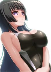 Rule 34 | 1girl, arm at side, bang dream!, bare arms, bare shoulders, black hair, black one-piece swimsuit, blunt bangs, breasts, cleavage, closed mouth, commentary request, competition swimsuit, covered navel, dutch angle, hand on own arm, highres, hiraken, large breasts, long hair, looking at viewer, one-piece swimsuit, purple eyes, shirokane rinko, sideboob, sidelocks, sideways glance, simple background, solo, standing, sweat, swimsuit, two-tone swimsuit, upper body, very long hair, white background, white one-piece swimsuit