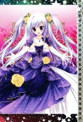 Rule 34 | 1girl, breasts, cleavage, dress, elbow gloves, flower, gloves, hair flower, hair ornament, highres, long hair, looking at viewer, open mouth, original, purple dress, purple eyes, shiramori yuse, silver hair, sleeveless, sleeveless dress, solo, twintails