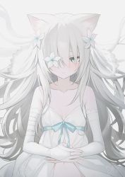 Rule 34 | 1girl, animal ear fluff, animal ears, bandaged arm, bandages, bare shoulders, blue bow, blue eyes, bow, bridal gauntlets, cat ears, closed mouth, commentary request, dress, flower, grey background, grey hair, hair flower, hair ornament, hair over one eye, long hair, looking at viewer, narusegawa riko, original, simple background, sleeveless, sleeveless dress, solo, veil, very long hair, white dress, white flower