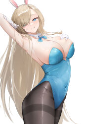 Rule 34 | 1girl, absurdres, animal ear hairband, animal ears, arched back, areola slip, arm up, armpit crease, armpits, asuna (blue archive), asuna (bunny) (blue archive), bare shoulders, black pantyhose, blonde hair, blue archive, blue bow, blue bowtie, blue eyes, blue leotard, blush, bow, bowtie, breast suppress, breasts, cleavage, commentary, covered navel, cowboy shot, detached collar, fake animal ears, from side, gloves, grin, hair over one eye, hairband, hand in own hair, hand up, highleg, highleg leotard, highres, huge breasts, leotard, long hair, looking at viewer, mole, mole on breast, official alternate costume, pantyhose, parted lips, playboy bunny, rabbit ear hairband, rabbit ears, simple background, smile, solo, standing, strapless, strapless leotard, symbol-only commentary, thighband pantyhose, twirling hair, very long hair, white background, white gloves, white hairband, y.u