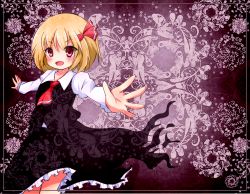 Rule 34 | 1girl, ascot, blonde hair, blush, border, hair ribbon, long sleeves, looking at viewer, multicolored background, open mouth, outstretched arms, red eyes, ribbon, rumia, short hair, skirt, skirt set, solo, spread arms, takojiru, touhou