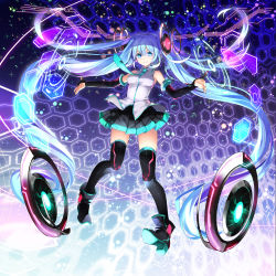 Rule 34 | 1girl, aqua eyes, aqua hair, black footwear, black skirt, black thighhighs, breasts, detached sleeves, hair ornament, hatsune miku, highres, long hair, looking at viewer, medium breasts, necktie, official art, outstretched arms, skirt, smile, solo, spread arms, thighhighs, twintails, very long hair, vocaloid, yuuki kira