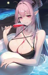 Rule 34 | 1girl, alcohol, bikini, black bikini, black horns, breasts, collarbone, commentary, cup, drinking glass, english commentary, fingernails, full moon, hair bun, highres, holding, holding cup, horns, large breasts, long hair, looking at viewer, mole, mole on breast, moon, night, night sky, ocean, original, partially submerged, pink hair, pointy ears, red eyes, refla, sky, slit pupils, solo, swimsuit, water, wet, wet hair, wine glass