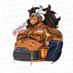 Rule 34 | 1boy, bara, beard, big belly, black hair, chest tattoo, cropped torso, dark-skinned male, dark skin, dj (ohheydj), elbow gloves, from side, full beard, gloves, grin, highres, huge pectorals, looking ahead, male focus, mature male, mauga (overwatch), muscular, muscular male, no nipples, overwatch, overwatch 2, smile, solo, strongman waist, tattoo, thick eyebrows, watermark, white background