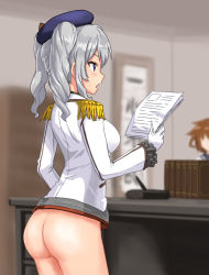 Rule 34 | 10s, 2girls, ass, beret, blue eyes, blush, bottomless, breasts, brown hair, desk, epaulettes, exhibitionism, frilled skirt, frills, gloves, grey hair, hand up, hat, ikazuchi (kancolle), indoors, kantai collection, kashima (kancolle), long sleeves, medium breasts, military, military uniform, multiple girls, open mouth, out of frame, profile, public indecency, ringlets, sidelocks, skirt, solo focus, thighs, twintails, uniform, white gloves, zaxwu