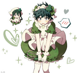 Rule 34 | 1boy, 1girl, alternate costume, amulet clover, amulet clover (cosplay), apron, asui tsuyu, blush, boku no hero academia, chibi, coi mha, commentary, cosplay, crossdressing, dress, freckles, gloves, green dress, green hair, heart, highres, looking at viewer, maid headdress, midoriya izuku, open mouth, puffy short sleeves, puffy sleeves, short dress, short hair, short sleeves, shugo chara!, simple background, sparkle, sparkle background, spoken blush, tearing up, thighhighs, white apron, white background, white gloves, white thighhighs