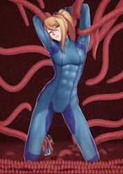 Rule 34 | 1girl, abs, arms up, blonde hair, blue bow, blue eyes, bodysuit, bound, bound arms, bow, breasts, expressionless, hair between eyes, highres, kneeling, long hair, medium breasts, metroid, mole, mole under mouth, nintendo, ponytail, putcher, samus aran, solo, tentacle pit, tentacles, zero suit
