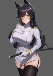 Rule 34 | 1girl, absurdres, atago (azur lane), azur lane, black hair, black thighhighs, breasts, buttons, double-breasted, garter straps, grey background, highres, holding, holding sword, holding weapon, large breasts, long hair, looking at viewer, miniskirt, sheath, sheathed, simple background, skindentation, skirt, solo, sword, taichi suzuki, taut clothes, taut jacket, thighhighs, weapon, white skirt, yellow eyes