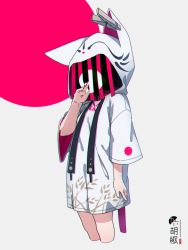 Rule 34 | 1girl, animal ears, animal hood, clothes pin, commentary request, cropped legs, drawstring, fake animal ears, grey background, hand up, highres, hood, hood up, hoodie, kuro kosyou, long sleeves, original, red background, solo, two-tone background, white hoodie, wide sleeves