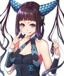 Rule 34 | 1girl, :p, bare shoulders, breasts, brown hair, bun cover, fate/grand order, fate (series), fur trim, hair horns, hands up, index finger raised, long hair, looking at viewer, mikan (chipstar182), purple eyes, simple background, small breasts, smile, solo, tongue, tongue out, twintails, upper body, white background, wristband, yang guifei (fate), yang guifei (second ascension) (fate)