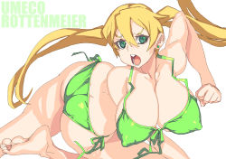 Rule 34 | 1girl, ass, bad id, bad pixiv id, barefoot, bikini, blonde hair, breasts, covered erect nipples, green bikini, green eyes, highres, large breasts, long hair, oekaki, open mouth, side-tie bikini bottom, simple background, solo, swimsuit, twintails, vrkdh