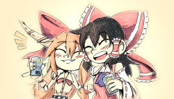 Rule 34 | 2girls, :d, arm around shoulder, arm up, ascot, beer can, black hair, blue ascot, blush stickers, can, closed eyes, commentary, cuffs, detached sleeves, drink can, english commentary, fingernails, grin, hair between eyes, hair ribbon, hair tubes, hakurei reimu, hand on another&#039;s back, hand on another&#039;s shoulder, heads together, highres, holding, holding can, horns, ibuki suika, long fingernails, multiple girls, open mouth, orange hair, pinky out, red ascot, ribbon, ribbon-trimmed sleeves, ribbon trim, setz, shackles, shirt, simple background, sleeveless, sleeveless shirt, smile, standing, teeth, touhou, upper body, upper teeth only, wrist cuffs, yellow background