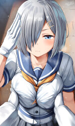 Rule 34 | 1boy, 1girl, 2023, admiral (kancolle), artist name, belko, blue eyes, blue sailor collar, blush, breasts, closed mouth, collarbone, dated, gloves, grabbing, grabbing another&#039;s breast, grey skirt, hair ornament, hair over one eye, hairclip, hamakaze (kancolle), hetero, highres, indoors, kantai collection, large breasts, pov, pov hands, sailor collar, salute, school uniform, serafuku, short hair, skirt, solo focus, sweatdrop, twitter username, white gloves, white hair