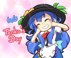 Rule 34 | 1girl, black hat, blue bow, blue hair, blue skirt, blush, bow, bowtie, buttons, chibi, closed mouth, collar, collared shirt, english text, food, fruit, hair between eyes, hands on own face, hands up, hat, hinanawi tenshi, leaf, long hair, peach, pink background, puffy short sleeves, puffy sleeves, rainbow, rakkidei, red bow, red bowtie, shirt, short sleeves, skirt, smile, solo, teeth, touhou, white shirt