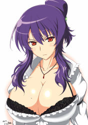 Rule 34 | 10s, 1girl, arm garter, black bra, bra, breasts, cleavage, closed mouth, collarbone, folded ponytail, hair ornament, jewelry, lace, lace-trimmed bra, lace trim, large breasts, long sleeves, looking at viewer, mole, mole on breast, necklace, nishiumi yuuta, purple hair, red eyes, senran kagura, sidelocks, solo, rin (senran kagura), underwear, upper body, white background