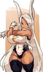 Rule 34 | 1girl, absurdres, animal ears, boku no hero academia, breasts, covered navel, dark-skinned female, dark skin, forehead, gloves, heattech leotard, heavy breathing, highleg, highleg leotard, highres, impossible clothes, impossible leotard, large breasts, leotard, long hair, looking at viewer, mirko, muscular, muscular female, rabbit ears, rabbit girl, rabbit tail, red eyes, silver hair, sleeveless, solo, stretching, sweat, swept bangs, tail, thick thighs, thighs, toned, turtleneck, very long hair, white gloves, white leotard, zanamaoria
