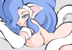 Rule 34 | 1girl, animal ears, animal hands, big hair, blue eyes, blue hair, breasts, capcom, cat ears, cat tail, felicia (vampire), gloves, large breasts, monster girl, noise (lesion949), sideboob, solo, tail, vampire (game), wide hips