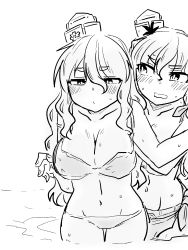 Rule 34 | 2girls, alternate costume, bikini, blush, braid, breasts, cleavage, closed mouth, collarbone, commentary, fingernails, greyscale, hair between eyes, hair ribbon, half-closed eyes, hat, highres, kantai collection, long hair, midriff, mini hat, monochrome, multiple girls, navel, partially submerged, pola (kancolle), poyo (hellmayuge), ribbon, sarong, side braid, sweat, swimsuit, thick eyebrows, tilted headwear, wading, water, wavy hair, zara (kancolle)