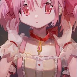 Rule 34 | 1girl, :o, bow, bow choker, choker, close-up, collarbone, dress, frilled dress, frilled sleeves, frills, gloves, grey background, hair between eyes, hair bow, hands up, highres, kaname madoka, liangacute, looking at viewer, magical girl, mahou shoujo madoka magica, mahou shoujo madoka magica (anime), open mouth, pink eyes, pink gemstone, pink hair, puffy short sleeves, puffy sleeves, red choker, short hair, short sleeves, short twintails, simple background, solo, sparkle, twintails, upper body, white gloves