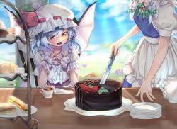 Rule 34 | 2girls, apron, ascot, bat wings, brooch, cake, cake slice, chair, chocolate cake, commentary request, cream puff, cup, food, frilled apron, frills, green ribbon, hair ribbon, happy, hat, holding, holding knife, izayoi sakuya, jewelry, knife, maid, mob cap, multiple girls, out of frame, plate, plate stack, puffy short sleeves, puffy sleeves, purple hair, red eyes, remilia scarlet, ribbon, sandwich, short hair, short sleeves, sidelocks, silver hair, sitting, standing, strawberry shortcake, table, tea, teacup, touhou, tray, tress ribbon, waist apron, wankosoba, white apron, wings, wooden table, wrist cuffs