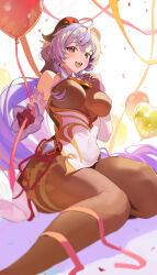 Rule 34 | 1girl, :d, ahoge, balloon, black gloves, blue hair, bodystocking, breasts, detached sleeves, ganyu (genshin impact), genshin impact, gloves, goat horns, highres, holding, holding balloon, horns, large breasts, long hair, looking at viewer, mikan03 26, open mouth, red ribbon, ribbon, simple background, smile, teeth, upper teeth only, white background, white sleeves