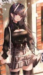 Rule 34 | + +, 1girl, alternate costume, azur lane, bag, belt, black sweater, black thighhighs, breasts, brown belt, casual, cleavage, cleavage cutout, clothing cutout, cowboy shot, day, earrings, highres, holding, holding bag, horns, jewelry, long sleeves, looking at viewer, medium breasts, necklace, noshiro (azur lane), oni horns, outdoors, panipo, petals, plaid, plaid skirt, pleated skirt, purple eyes, skindentation, skirt, solo, sweater, thighhighs, white bag, white skirt, wind, wind lift, zettai ryouiki