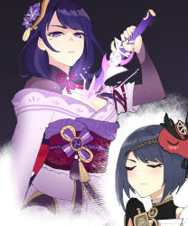 Rule 34 | 2girls, black background, black hair, blunt bangs, blush, braid, breasts, cleavage, closed eyes, closed mouth, commentary request, flower, genshin impact, hair flower, hair ornament, holding, holding sword, holding weapon, human scabbard, japanese clothes, katana, kimono, kujou sara, large breasts, long hair, looking at viewer, lumbbyz, mask, mask on head, medium hair, mole, mole under eye, multiple girls, nail polish, open mouth, own hands together, purple eyes, purple flower, purple hair, purple nails, raiden shogun, ribbon, sash, simple background, sword, tassel, weapon, white background