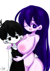 Rule 34 | 1boy, 1girl, absurdres, big sis, black hair, blush, breasts, brother and sister, clothed male nude female, highres, large breasts, little brother, mari (headspace) (omori), mari (omori), marisol (omori), nipples, nude, older sister, omori (omori), purple hair, siblings, teenage girl and younger boy