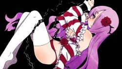 Rule 34 | 1girl, black background, chain, criminal girls, cuffs, dress, flower, frilled dress, frills, hair flower, hair ornament, hair over one eye, himekami (criminal girls), ichihaya, long hair, long sleeves, no shoes, official art, panties, pink eyes, pink hair, red panties, shackles, simple background, solo, thighhighs, underwear, white thighhighs