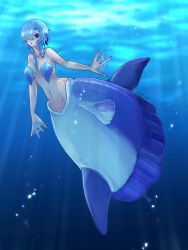 Rule 34 | 1girl, :o, air bubble, blue eyes, blue hair, breasts, bubble, completely nude, fins, fish, full body, gills, hair over one eye, highres, long hair, looking at viewer, medium breasts, mermaid, monster girl, navel, nude, one eye covered, original, parted lips, ruteko (ruko220), solo, sunfish, twitter username, underwater, webbed hands, wide-eyed