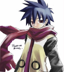 Rule 34 | 1boy, ash (phantom brave), blue hair, closed mouth, expressionless, highres, jacket, long sleeves, looking down, male focus, phantom brave, red eyes, red scarf, scan, scarf, solo, spiked hair, track jacket, upper body