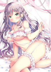 Rule 34 | 1girl, arm support, ass, between breasts, blush, body blush, bracelet, braid, breasts, bridal garter, cameltoe, cleavage, commentary request, earrings, garter straps, green eyes, grey hair, hair ornament, hair ribbon, highres, jewelry, large breasts, leaning to the side, lingerie, looking at viewer, navel, original, panties, petals, ribbon, smile, solo, suzukawa yui, underboob, underwear, underwear only, wavy hair, white panties, white ribbon
