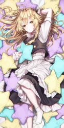 Rule 34 | 1girl, :/, absurdres, apron, arm behind head, bed, black skirt, black vest, blonde hair, bobby socks, bow, braid, closed mouth, collared shirt, commentary, foot out of frame, frilled apron, frills, highres, holding, holding pillow, kirisame marisa, looking at viewer, lying, medium hair, no headwear, on back, on bed, pillow, puffy short sleeves, puffy sleeves, shirt, short sleeves, single braid, skirt, socks, solo, star (symbol), torinari (dtvisu), touhou, vest, waist apron, waist bow, white bow, white shirt, white socks, wrist cuffs, yellow eyes
