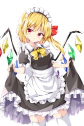 Rule 34 | 1girl, :o, alternate costume, apron, black dress, blonde hair, bow, breasts, clothes lift, commentary, contrapposto, cowboy shot, dress, enmaided, flandre scarlet, garter straps, hair ribbon, head tilt, highres, lifted by self, light blush, looking at viewer, maid, maid headdress, one side up, pointy ears, red eyes, ribbon, sabana, short hair, simple background, skirt, skirt lift, small breasts, solo, standing, thighhighs, touhou, waist apron, white background, white thighhighs, wings, yellow bow, yellow neckwear