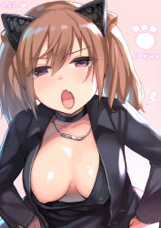 Rule 34 | 1girl, alice gear aegis, asahashi tsuyu, blush, breasts, breasts apart, character request, collarbone, dated, eyes visible through hair, fang, hair between eyes, highres, kimikage yui, leaning forward, light brown hair, long sleeves, looking at viewer, medium hair, open mouth, purple eyes, skin fang, solo, tongue, twintails