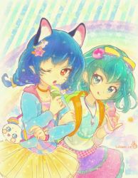 Rule 34 | 2girls, :q, animal ears, arm grab, artist logo, backpack, bag, blue hair, blue jacket, bow, braid, cat ears, choker, commentary, earrings, food, green eyes, green hair, hagoromo lala, hair bow, hair ornament, handbag, highres, holding, holding food, ice cream cone, jacket, jewelry, kosame koori, layered skirt, leaning forward, licking lips, long hair, looking at viewer, medium hair, multicolored bow, multicolored shirt, multiple girls, necklace, one eye closed, open mouth, orange choker, pointy ears, precure, print shirt, purple skirt, rainbow, shirt, single braid, skirt, smile, sparkle, standing, star (symbol), star hair ornament, star twinkle precure, starry background, tongue, tongue out, twitter username, watch, white shirt, wristwatch, yellow skirt, yuni (precure)