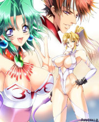 Rule 34 | 1boy, 2girls, absurdres, artist name, bare shoulders, blonde hair, blue eyes, blush, breasts, brown hair, cleavage, closed mouth, commentary request, covered collarbone, covered navel, earrings, eiji shinjo, ellis (toushinden), fang, fingerless gloves, gloves, green eyes, green hair, hand on own hip, headband, high ponytail, highleg, highleg leotard, highres, holding, holding weapon, jewelry, large breasts, leotard, lips, long hair, looking at viewer, multiple girls, open mouth, parted lips, ponytail, purple eyes, short hair, signature, simple background, smile, sofia (toushinden), strapless, strapless leotard, thighs, toushinden, turtleneck, upper body, v, weapon, whip, white leotard, wpdh4443