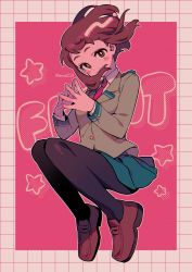 Rule 34 | 1girl, black pantyhose, blush stickers, boku no hero academia, bright pupils, brown eyes, brown footwear, brown hair, closed mouth, commentary, floating, full body, green skirt, hands up, highres, knees together feet apart, lapels, loafers, long sleeves, looking at viewer, menma (enaic31), necktie, notched lapels, outside border, pantyhose, pink background, pleated skirt, red necktie, retro artstyle, school uniform, shoes, skirt, smile, solo, star (symbol), starry background, steepled fingers, symbol-only commentary, twitter username, u.a. school uniform, uraraka ochako, watermark, white pupils