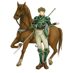 Rule 34 | 1boy, armor, fire emblem, fire emblem: the blazing blade, full body, green armor, green eyes, green hair, highres, holding, holding weapon, horse, lance, looking at viewer, male focus, matching hair/eyes, nintendo, official art, pauldrons, polearm, sain (fire emblem), shoulder armor, smile, solo, wada sachiko, weapon, white background