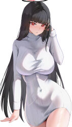 Rule 34 | 1girl, absurdres, black hair, blue archive, breasts, bright pupils, cowboy shot, hair ornament, hairpin, halo, highres, katagirinanoka, large breasts, long hair, long sleeves, open mouth, red eyes, ribbed sweater, rio (blue archive), simple background, solo, sweater, white background, white pupils, white sweater