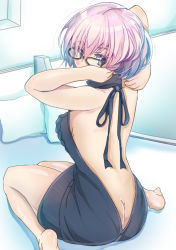 Rule 34 | 1girl, aran sweater, arms up, ass, backless dress, backless outfit, bad id, bad pixiv id, bare back, bare legs, bare shoulders, barefoot, black-framed eyewear, blush, breasts, butt crack, cable knit, commentary request, covered mouth, drawstring, dress, fate/grand order, fate (series), from behind, glasses, halterneck, husimineko, indoors, looking at viewer, looking back, mash kyrielight, medium breasts, meme attire, naked sweater, on bed, pillow, pink hair, purple eyes, revision, ribbed sweater, short hair, sitting, solo, sweater, sweater dress, turtleneck, turtleneck sweater, virgin killer sweater, wariza
