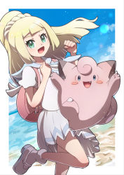 Rule 34 | 1girl, :d, backpack, bag, blonde hair, blunt bangs, blush stickers, braid, clefairy, clenched hands, cloud, commentary request, creatures (company), day, eyelashes, floating hair, french braid, game freak, gen 1 pokemon, green eyes, hands up, he72oh, high ponytail, highres, leg up, lillie (pokemon), long hair, nintendo, open mouth, outdoors, pink bag, pleated skirt, pokemon, pokemon (creature), pokemon sm, shirt, short sleeves, skirt, sky, smile, socks, tongue, white footwear, white shirt, white skirt