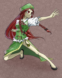 Rule 34 | 1girl, bell, braid, china dress, chinese clothes, dress, female focus, full body, hat, hong meiling, immaterial and missing power, long hair, ochiba, red eyes, red hair, solo, touhou, twin braids