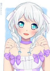 Rule 34 | 1girl, :d, bang dream!, blue eyes, blush, bow, braid, collarbone, hair over shoulder, hair ribbon, head tilt, highres, long hair, looking at viewer, luxunshangxiang, open mouth, purple bow, ribbon, silver hair, sleeveless, smile, solo, twin braids, twitter username, upper body, wakamiya eve, white background, white ribbon, wrist bow
