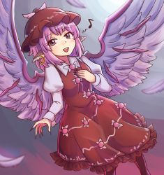 Rule 34 | 1girl, :d, blush, breasts, commentary, dress, dutch angle, eighth note, feathered wings, feathers, feet out of frame, fingernails, frills, grey background, grey eyes, hand on own chest, hat, head wings, juliet sleeves, long sleeves, looking at viewer, mob cap, musical note, mystia lorelei, open mouth, pink hair, pink wings, puffy sleeves, red dress, red hat, sharp fingernails, shirt, short hair, small breasts, smile, solo, standing, touhou, white shirt, wings, wool (miwol)